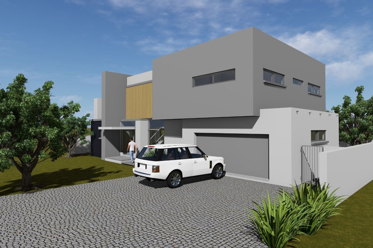 A modern architectural rendering of a two-story residential property featuring a paved driveway, integrated garage, and contemporary facade design.
