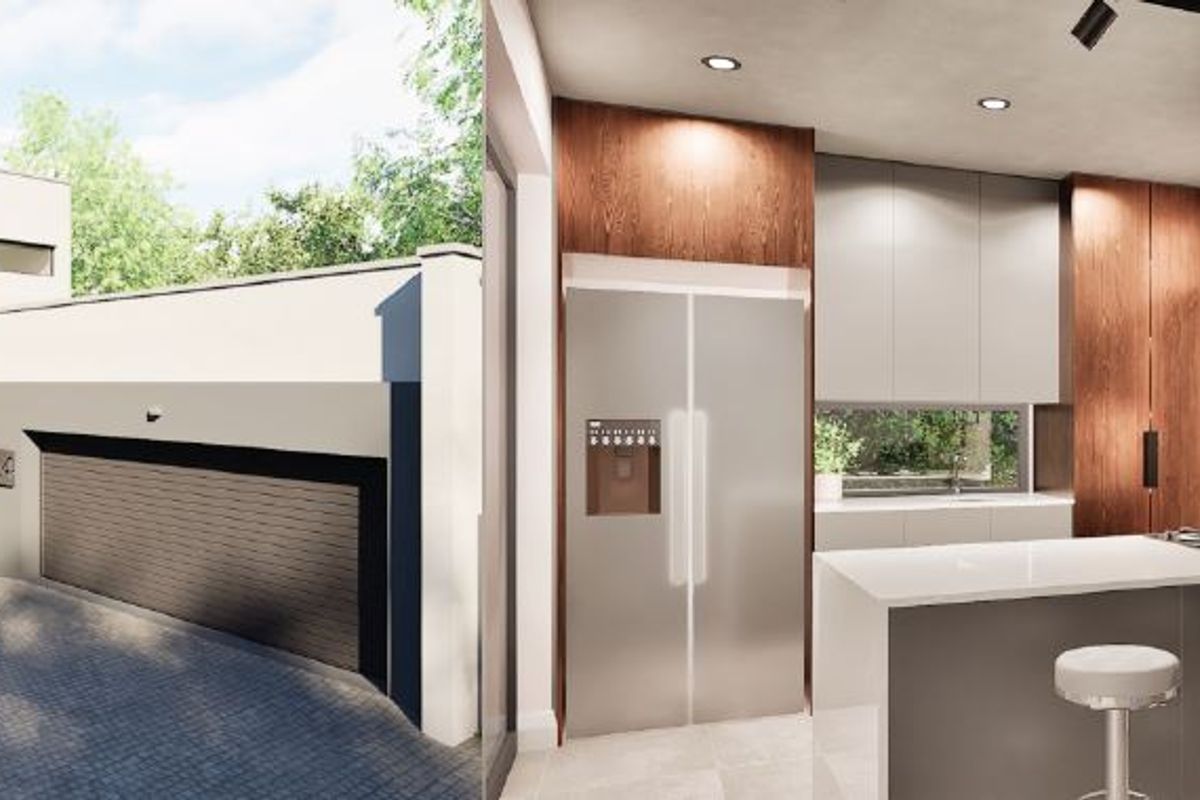 A modern architectural rendering showing a contemporary home exterior with a garage and a sleek, high-end kitchen interior with integrated cabinetry.