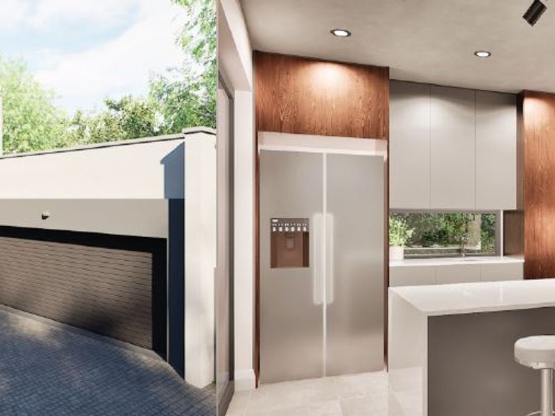 A modern architectural rendering showing a contemporary home exterior with a garage and a sleek, high-end kitchen interior with integrated cabinetry.