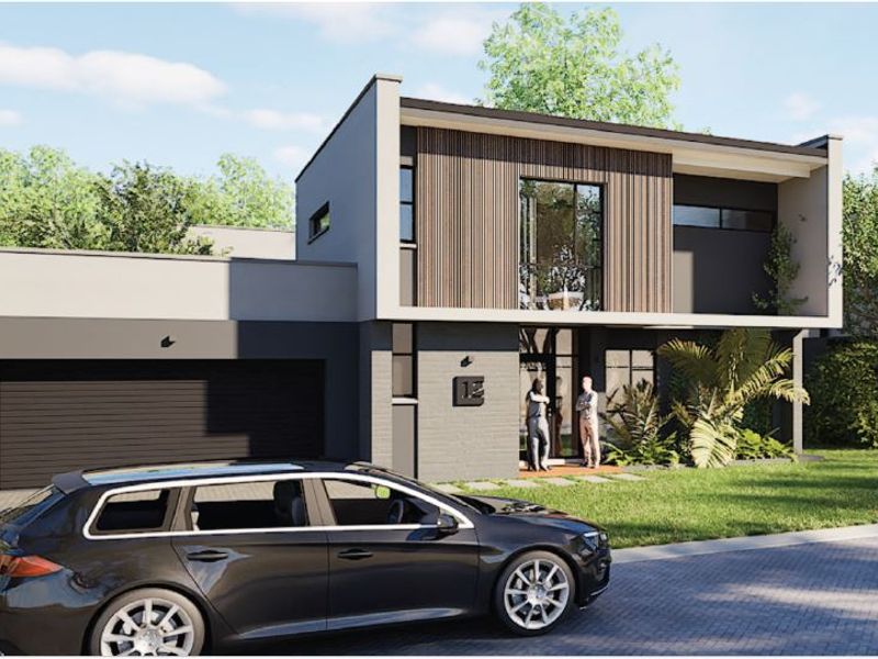Modern double-story residential facade featuring contemporary architectural lines, timber cladding accents, and an integrated double garage.