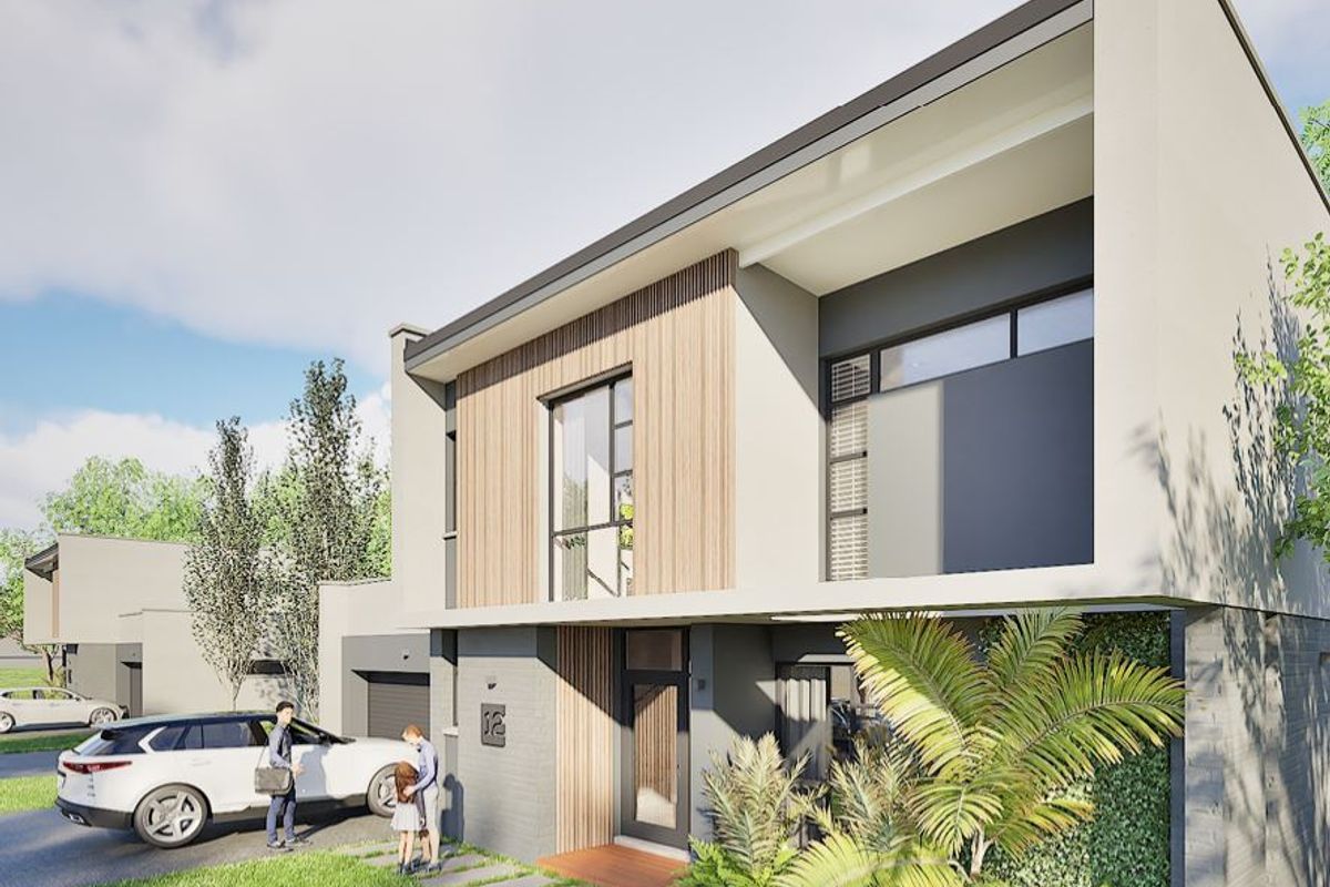 Modern two-story residential facade featuring contemporary timber cladding, dark brickwork, and large glass windows with a covered entrance.