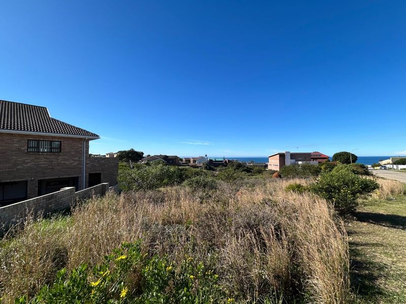 A view of a vacant residential plot featuring natural coastal vegetation with surrounding neighborhood homes and distant ocean views.