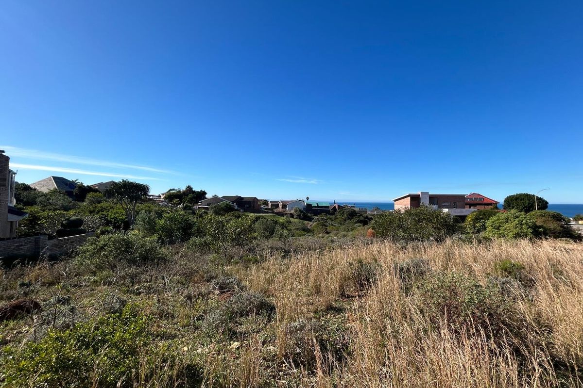 A wide-angle view of a vacant residential plot featuring natural coastal vegetation with distant ocean views and surrounding neighborhood homes.