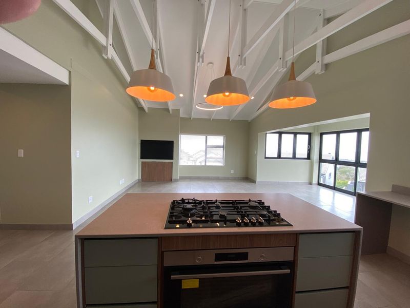 Spacious open-plan living area featuring a modern kitchen island with integrated gas cooktop and oven, vaulted ceilings with exposed rafters, and large windows.