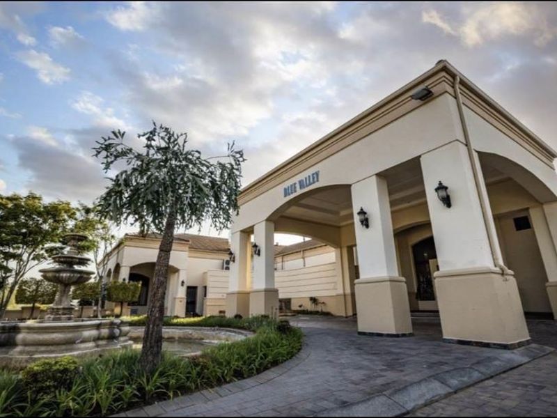 The grand entrance of the Blue Valley estate features a covered portico, paved driveway, and a decorative stone fountain in the landscaped front garden.