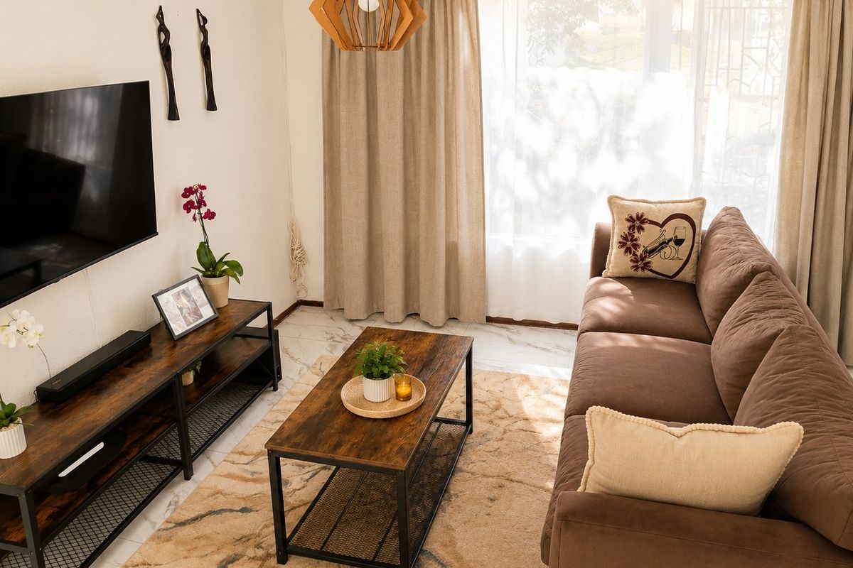 A bright and cozy living room featuring neutral walls, marble-look tiled flooring, and large windows with floor-to-ceiling curtains.