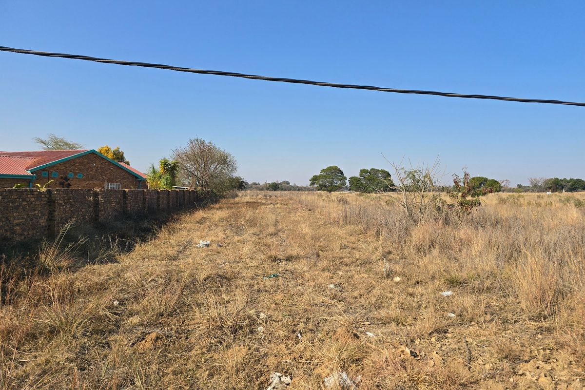 A view of a vacant residential plot featuring dry grass, a brick boundary wall, and overhead power lines.