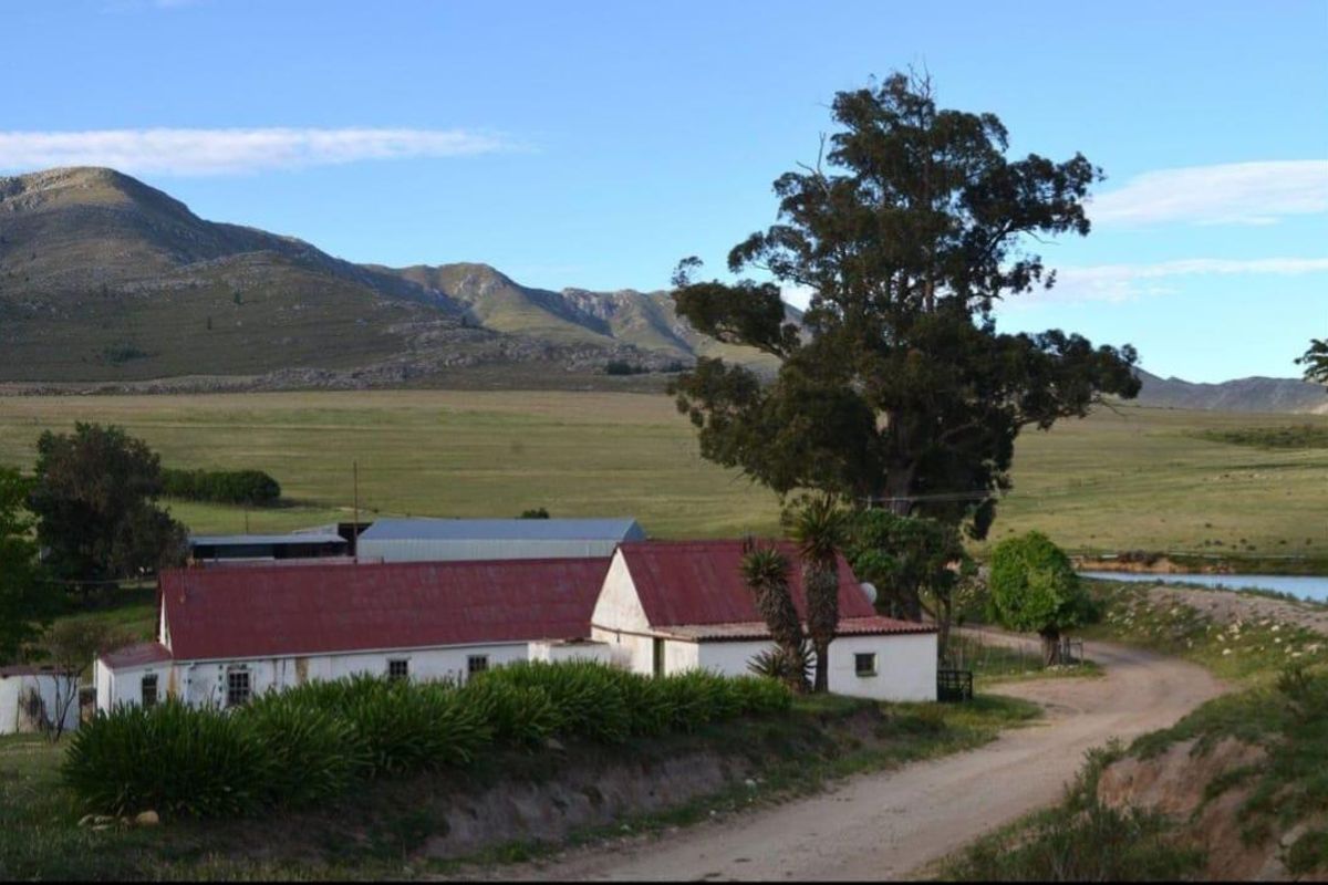 A rural farm property featuring traditional white masonry buildings with red corrugated metal roofs, set against a scenic mountain landscape and open fields.