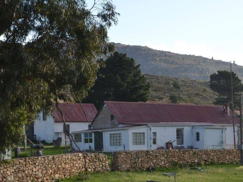 A rustic farmstead featuring traditional white-washed buildings with corrugated metal roofs, enclosed by a classic stone boundary wall in a scenic rural landscape.