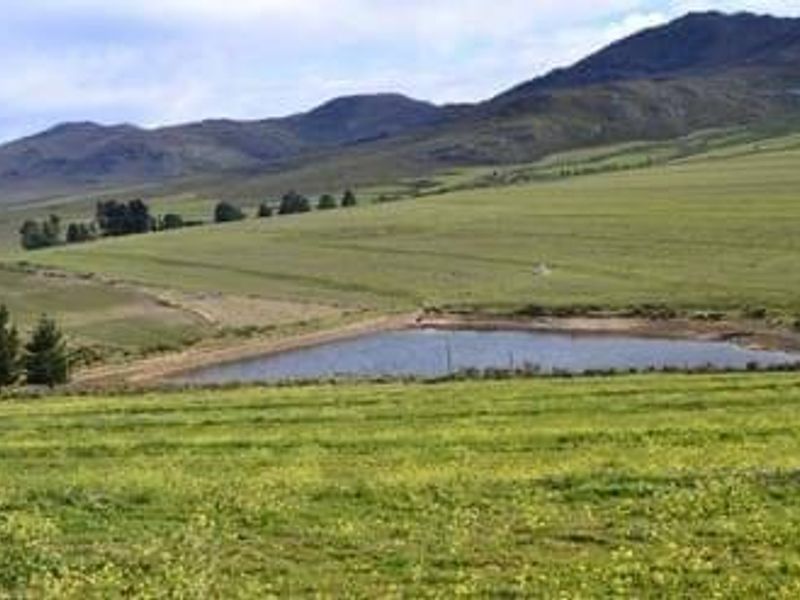 A scenic view of the farm property featuring a dam surrounded by open pastures and rolling mountain hills.