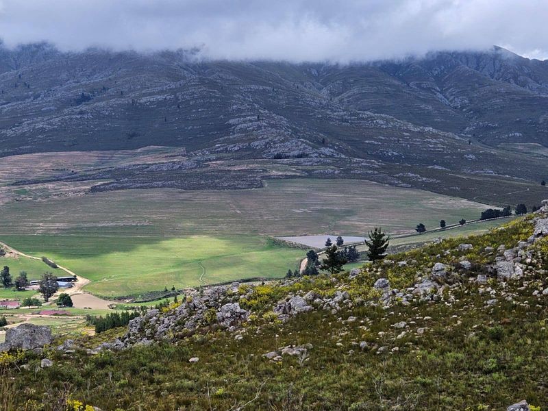 Expansive scenic view overlooking the farm landscape, featuring rolling green fields, a small irrigation dam, and a dramatic mountain range backdrop.