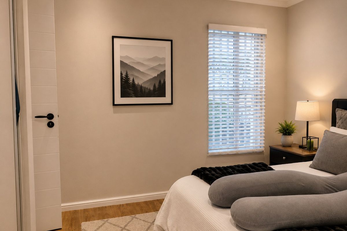 A well-maintained bedroom featuring laminate flooring, a built-in wardrobe, and venetian blinds, offering a clean and modern living space.