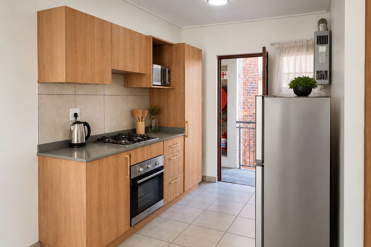 A modern, well-maintained kitchen featuring light wood cabinetry, a gas hob, built-in oven, and tiled flooring, with direct access to an exterior balcony.