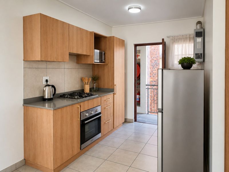 A modern, well-maintained kitchen featuring light wood cabinetry, a gas hob, built-in oven, and tiled flooring, with direct access to an exterior balcony.