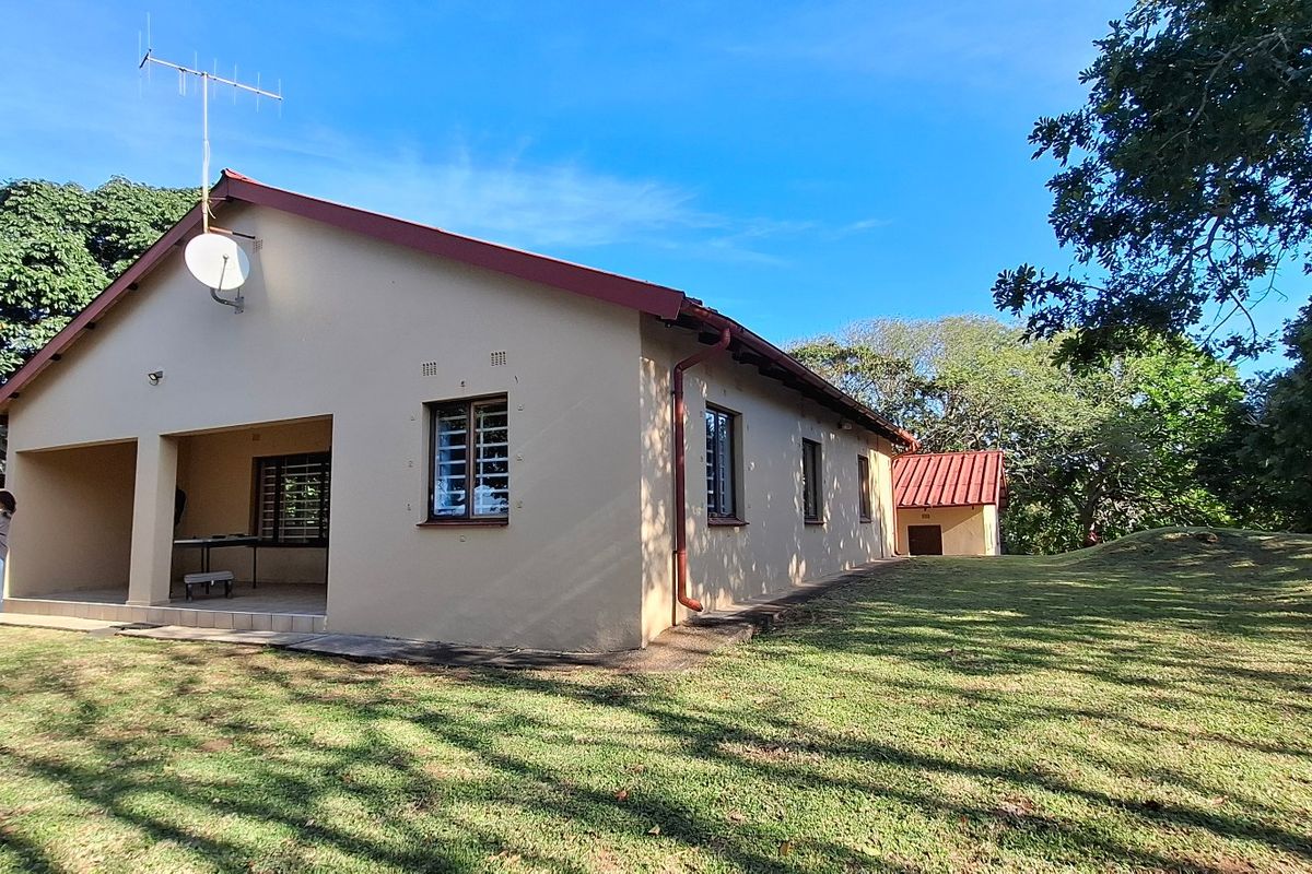Rear view of the house featuring a covered patio, tiled roof, and established garden surroundings.