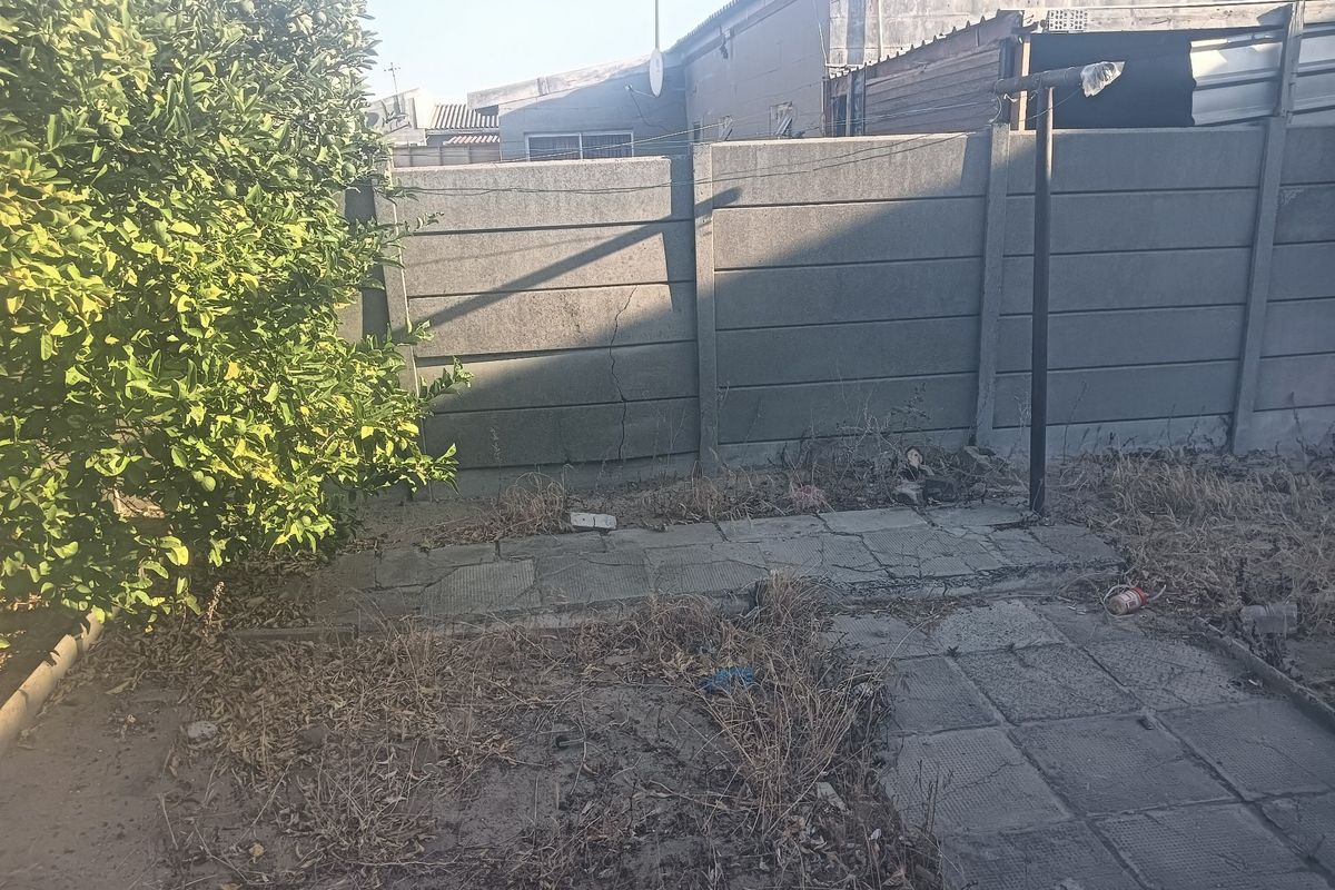 A rear outdoor area featuring a precast concrete boundary wall, paved sections, and established greenery, currently requiring maintenance and landscaping.