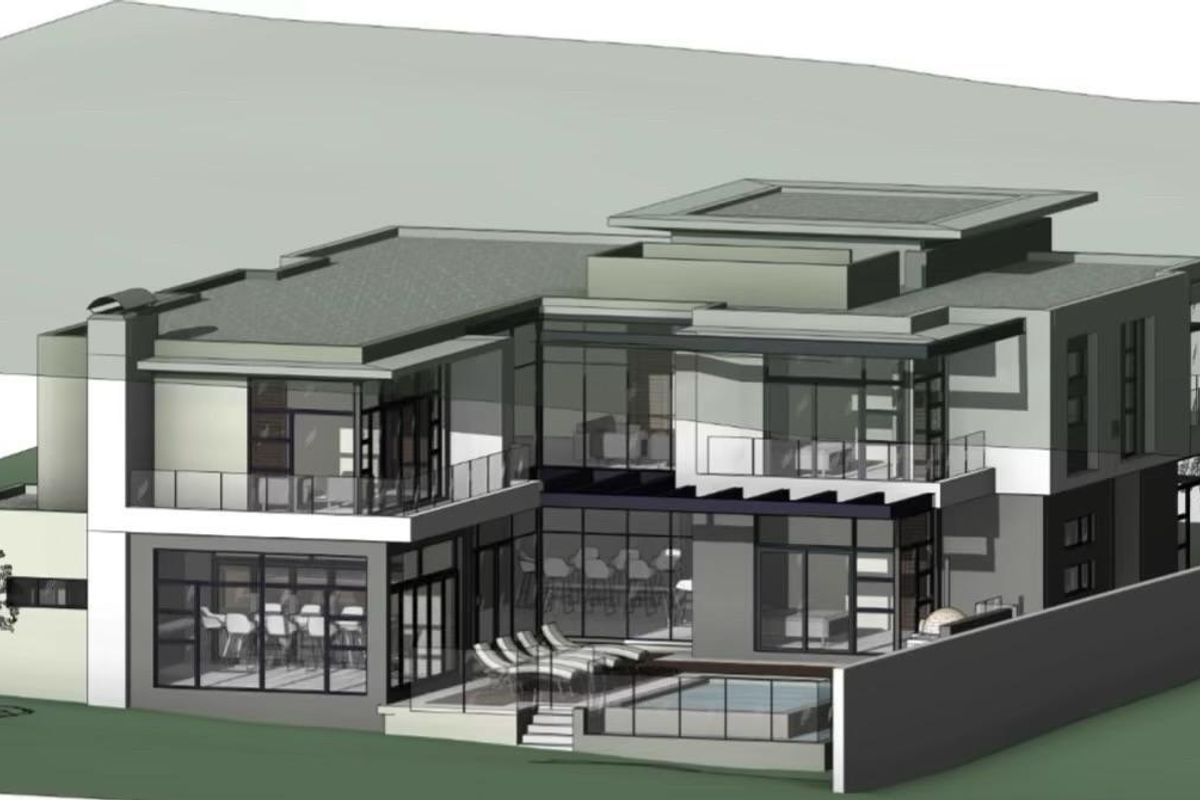 A 3D architectural rendering of a modern two-story luxury residence featuring a swimming pool, expansive glass windows, and a contemporary flat roof design.