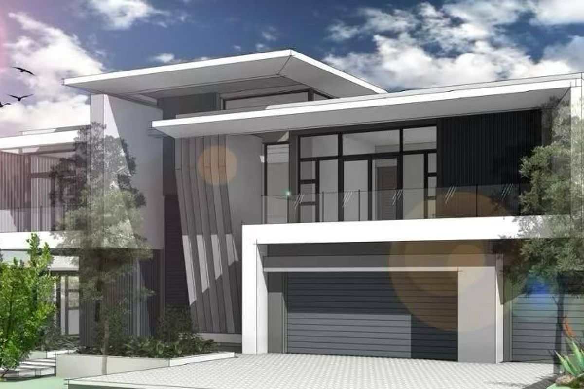A modern architectural rendering of a double-story residential home featuring a sleek facade, balcony, and integrated double garage.