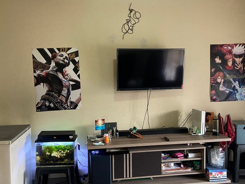 A living room wall featuring a mounted television with visible surface imperfections and surrounding wall space.