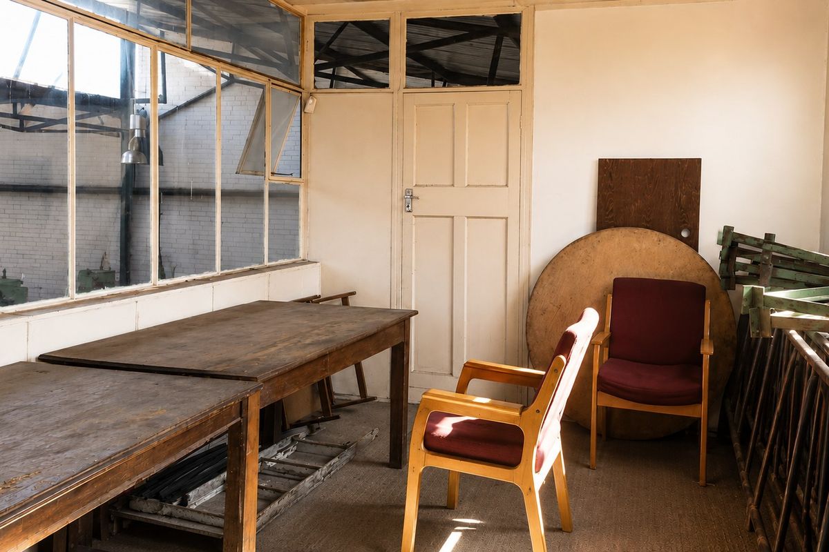 A functional office space featuring steel-framed windows overlooking an industrial area, with a timber door and basic interior finishes.