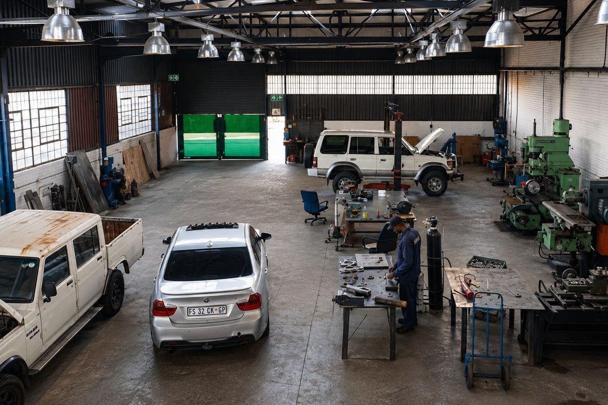 Spacious commercial workshop featuring high ceilings with exposed steel trusses, industrial lighting, concrete flooring, and large roller shutter access.