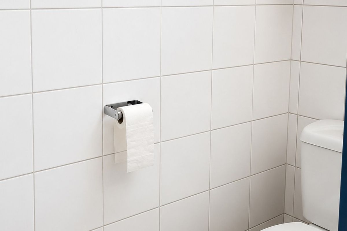 A clean and functional bathroom featuring white wall tiles, neutral floor tiles, a standard toilet, and a convenient floating shelf.