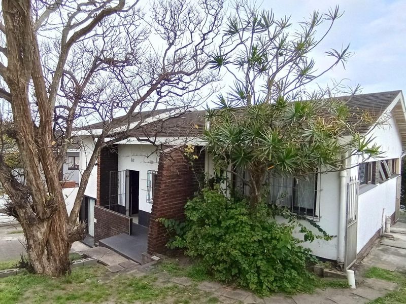 Front elevation of a single-story house featuring brick accents, a tiled roof, and security gates, set within a mature garden.