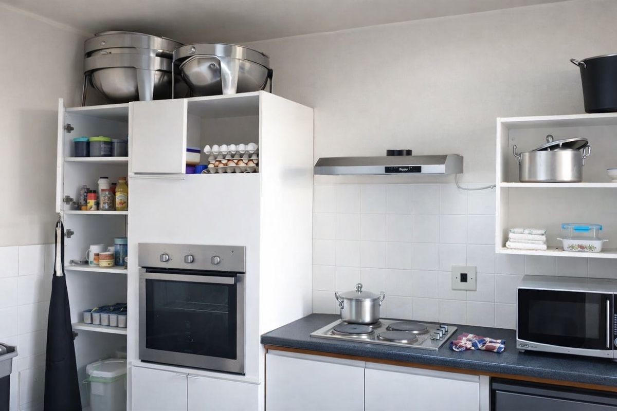 Functional kitchen area featuring built-in oven, electric hob, extractor fan, tiled backsplash, and ample white cabinetry with open shelving for storage.
