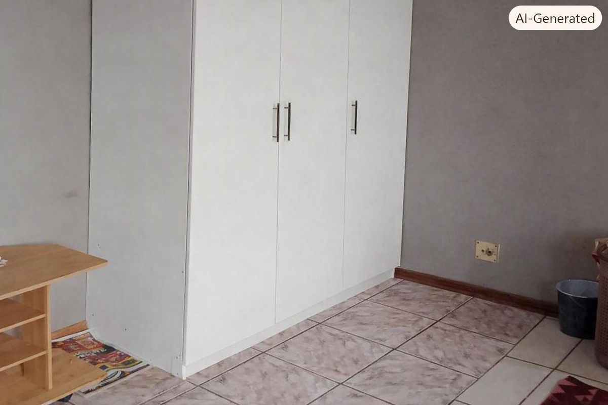 A bedroom featuring a built-in white wardrobe, tiled flooring, and neutral grey walls.