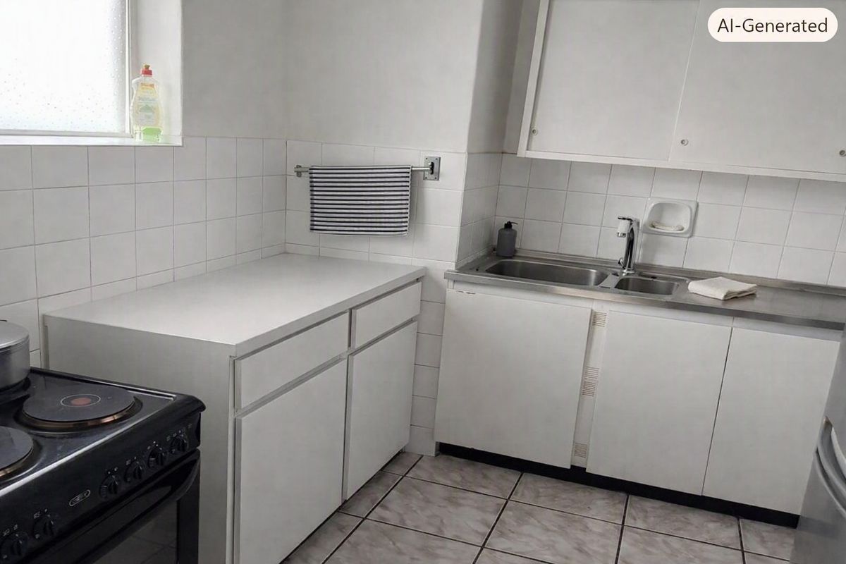 A compact kitchen featuring white cabinetry, a stainless steel sink, tiled backsplash, and tiled flooring, offering a functional but dated layout.