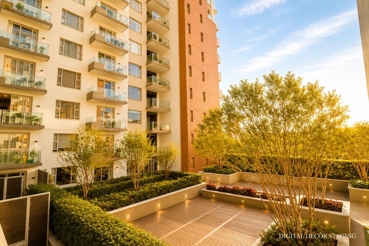 A well-maintained apartment complex exterior featuring landscaped garden terraces, timber decking, and modern glass balustrades on the residential balconies.
