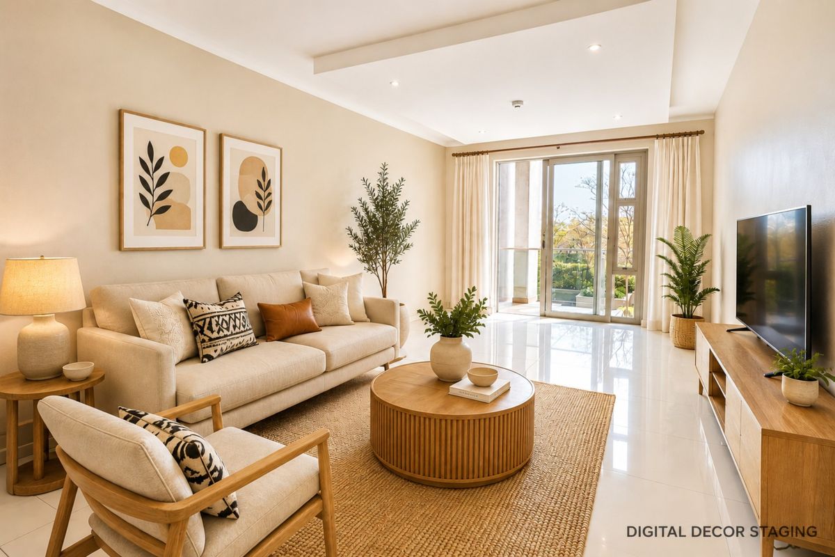 A bright and modern living room featuring polished tiled floors, recessed ceiling lighting, and a large sliding glass door leading to a balcony.