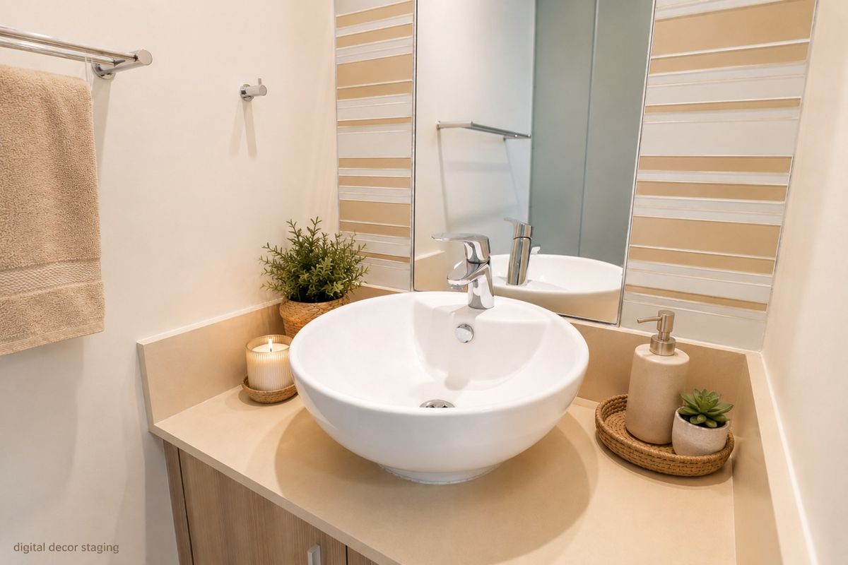 A well-maintained bathroom vanity featuring a modern vessel sink, chrome mixer tap, stone countertop, and decorative tiled splashback with an integrated mirror.