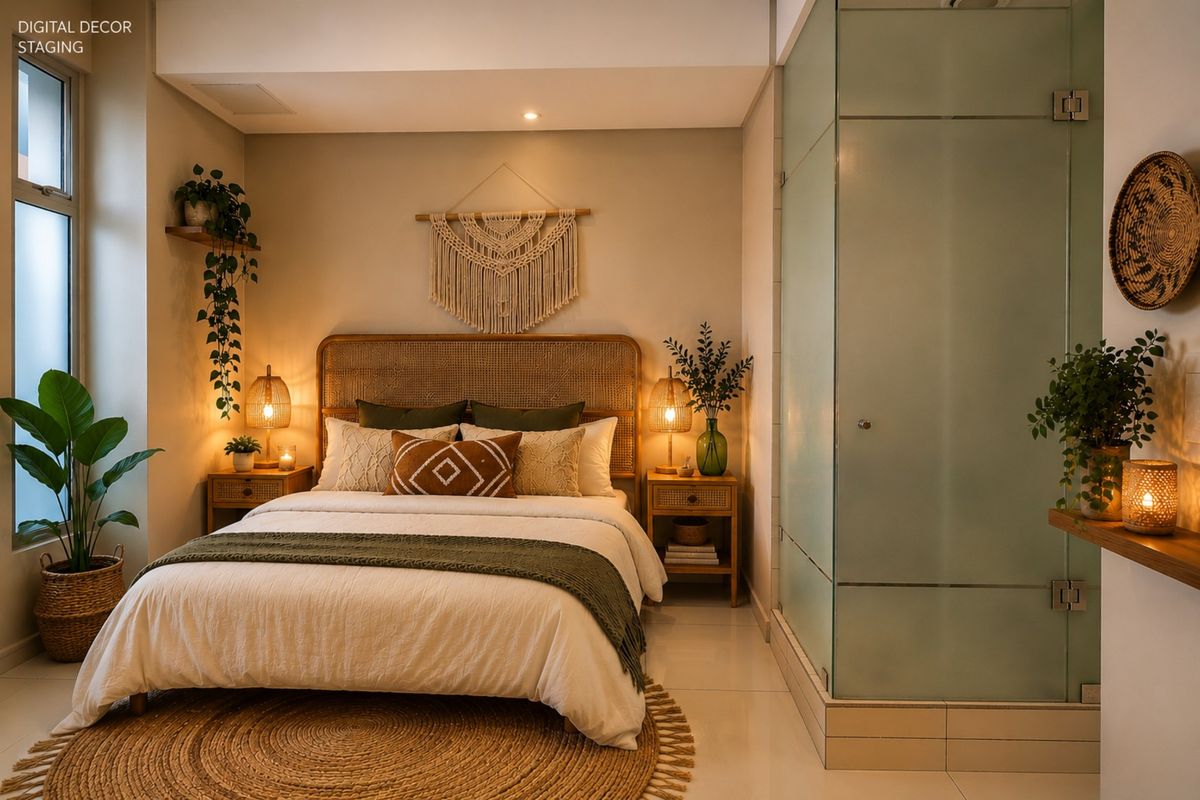 A well-appointed bedroom featuring a modern glass-enclosed shower, neutral tiled flooring, and recessed lighting, creating a warm and inviting atmosphere.