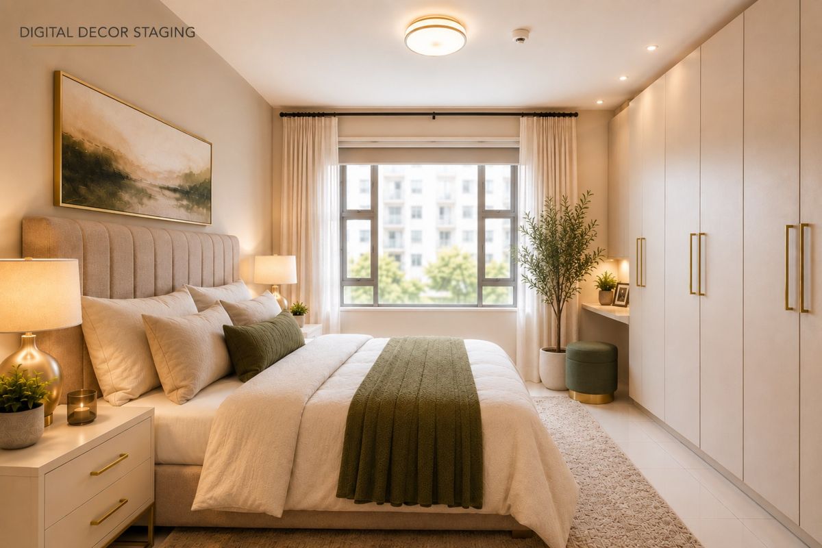 A well-appointed bedroom featuring built-in wardrobes, a integrated desk area, and large windows providing natural light.