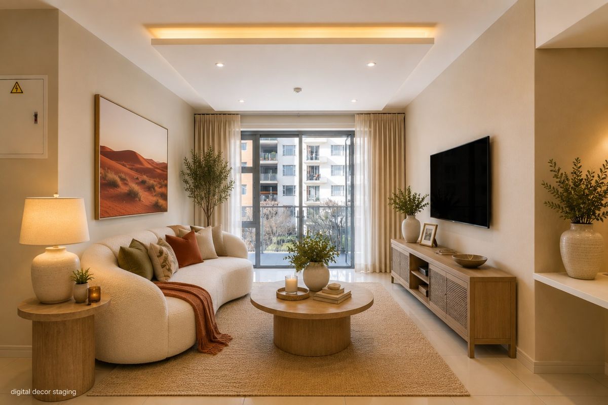 A modern, well-lit living room featuring recessed ceiling lighting, cove lighting, and a sliding glass door leading to a balcony.