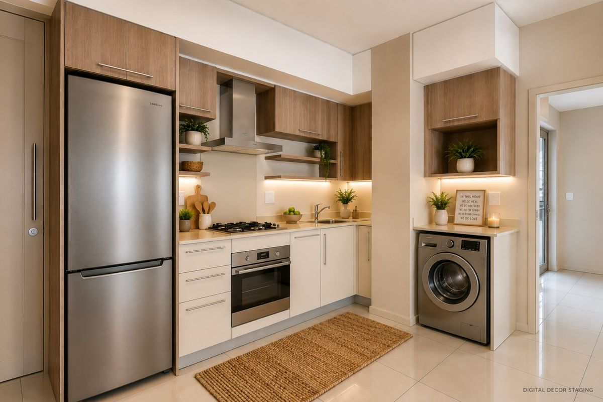 Modern kitchen featuring sleek wood-tone and white cabinetry, stone countertops, integrated stainless steel appliances, and efficient under-cabinet lighting.
