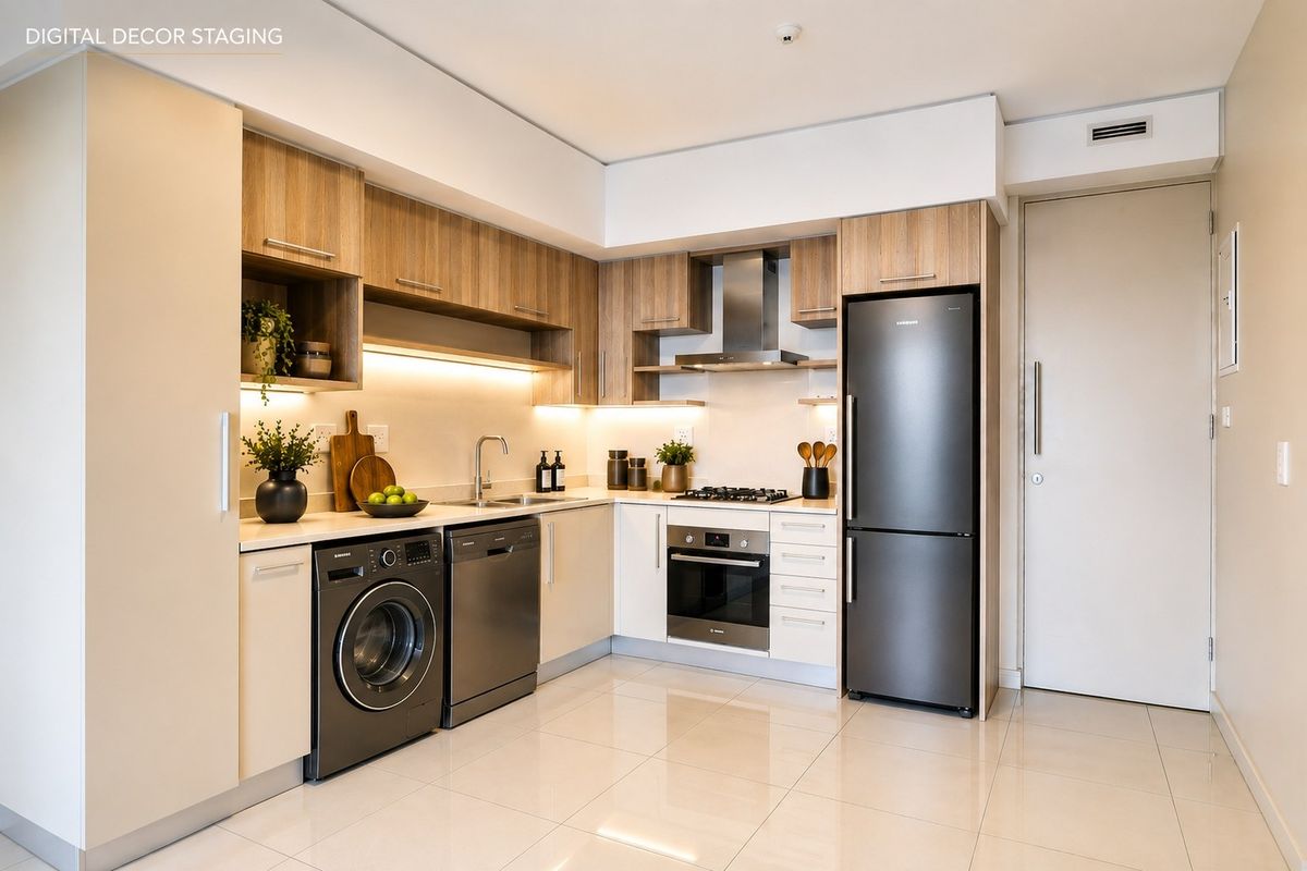 Modern kitchen featuring wood-tone cabinetry, integrated appliances including a dishwasher and washing machine, gas hob, and sleek tiled flooring.