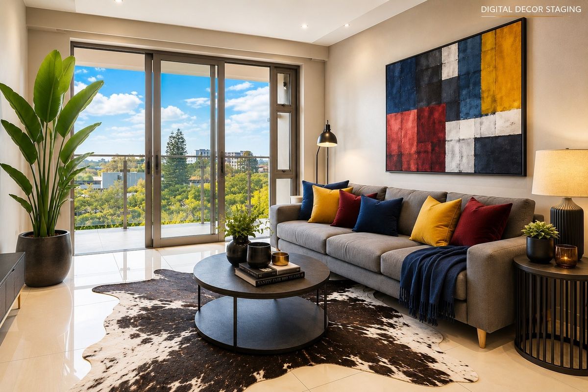 Modern living room featuring large sliding glass doors leading to a balcony with scenic views, complemented by polished tiled flooring and recessed lighting.