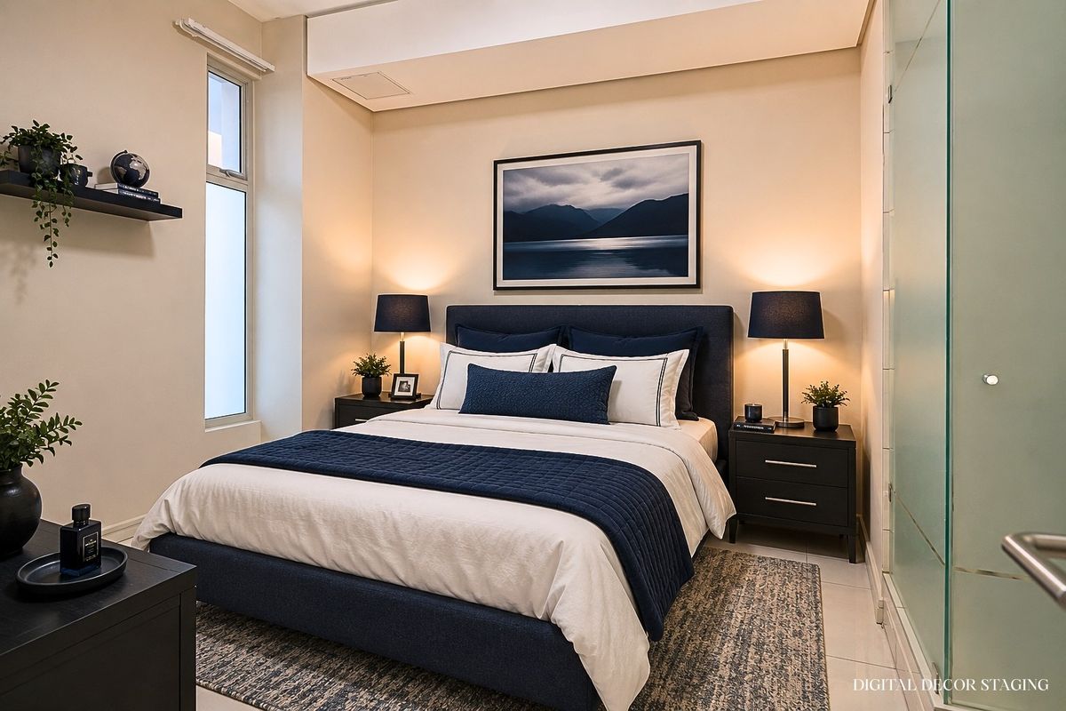 A modern, well-lit bedroom featuring neutral walls, tiled flooring, a recessed ceiling detail, and a contemporary frosted glass partition.
