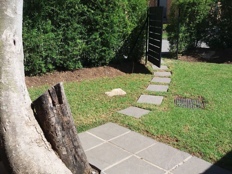 A private garden area featuring a stone paver pathway, a metal access gate, and established lawn with a drainage grate.