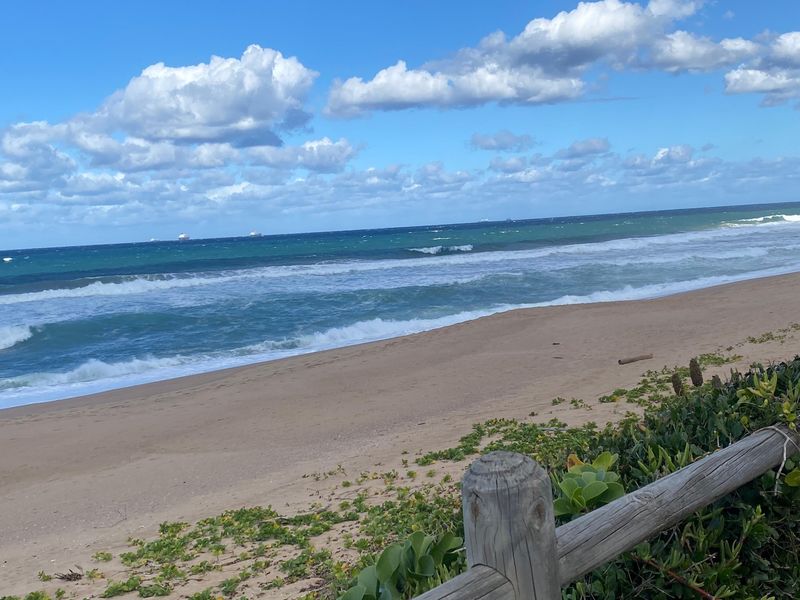 A scenic view of the ocean and sandy beach, captured from a coastal vantage point with a timber fence in the foreground.