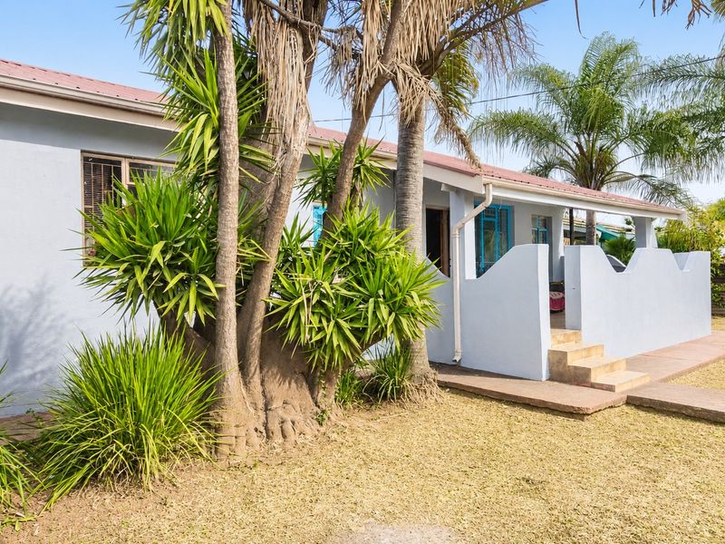 Front elevation of a single-story house featuring a covered patio, concrete steps, and established garden landscaping.