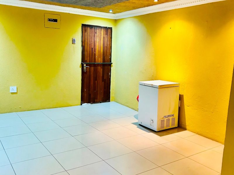 A utility space featuring bright yellow walls, tiled flooring, and a decorative recessed ceiling detail with a timber door.