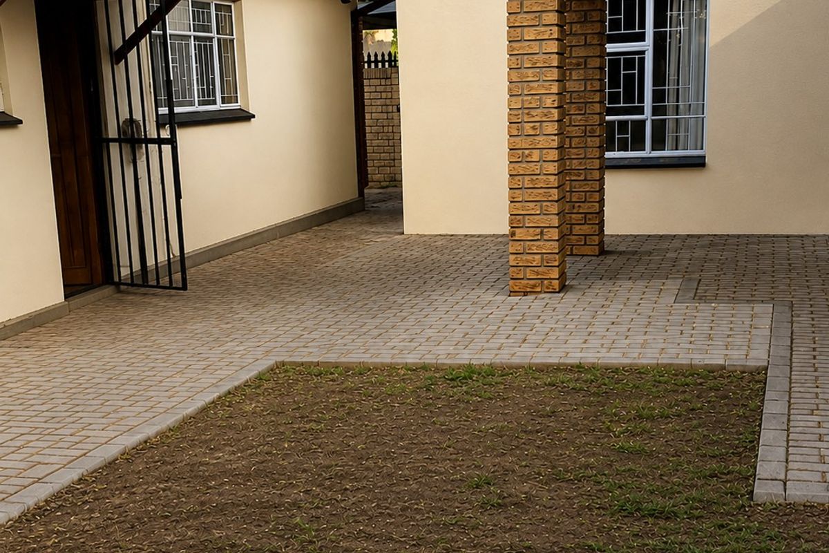 A well-maintained rear courtyard featuring paved flooring, brick support pillars, a covered patio area, and security bars on the windows.