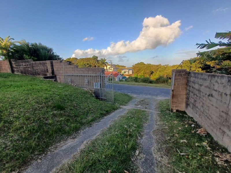 View of the property entrance featuring a metal driveway gate, concrete block boundary walls, and an unpaved driveway leading to the street.