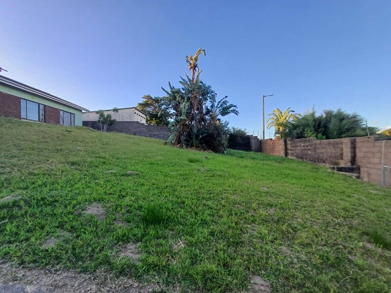 A view of the rear yard featuring a sloped lawn area enclosed by boundary walls.