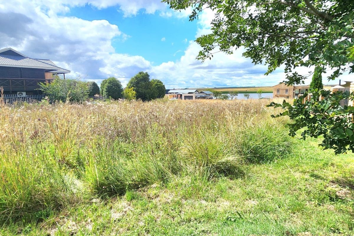 A view of a vacant residential plot featuring natural grassland and mature trees, with surrounding residential properties visible in the distance.