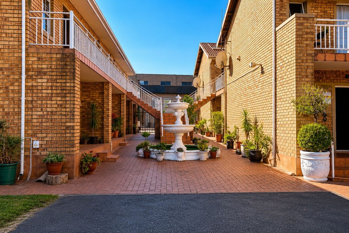 A well-maintained commercial courtyard featuring brick building facades, paved walkways, and a central decorative fountain with external stair access to upper levels.