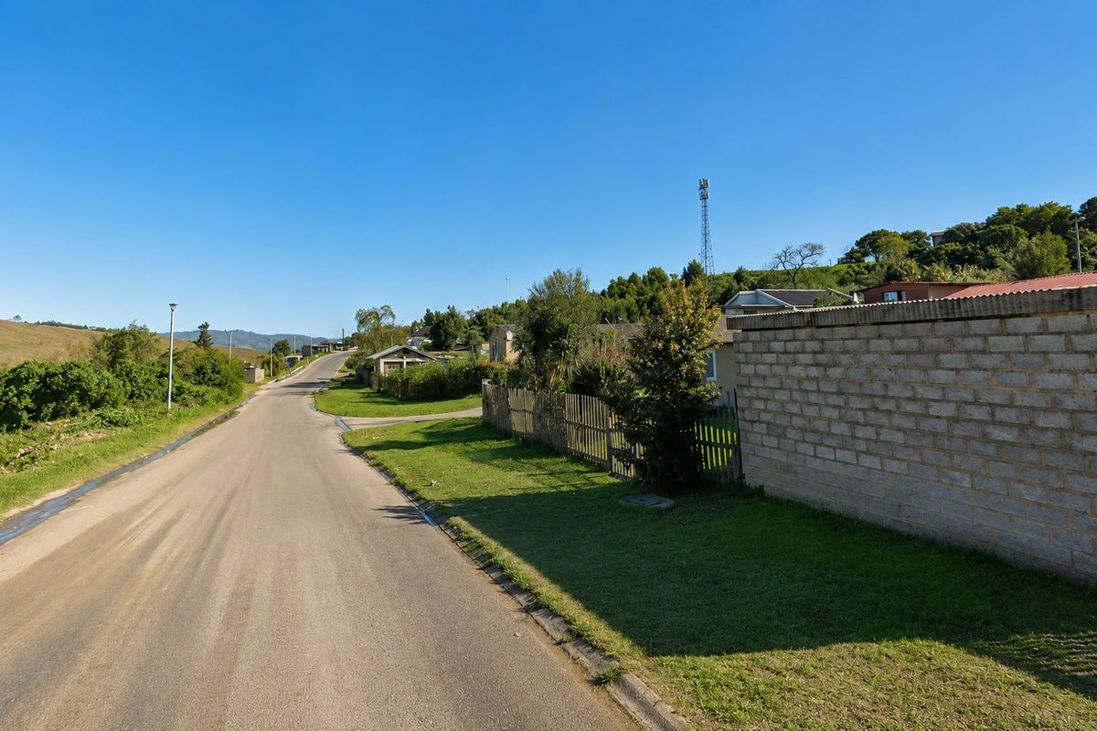 A view of the street approach showing the paved road, grass verge, and concrete block boundary wall of the property.